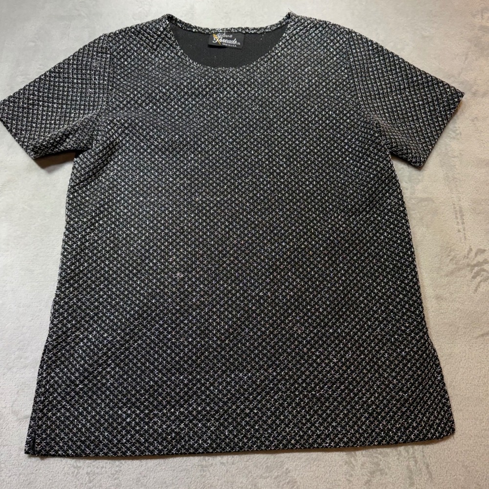 Vintage Silver Metallic Black Lurex Top Short Sleeve Side Slit 90s Disco M‎